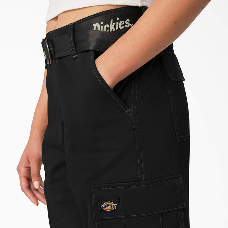 Women's Relaxed Fit Contrast Stitch Cropped Cargo Pants - Black (BKX) image number 6