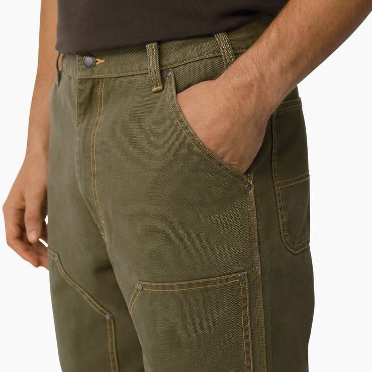 Relaxed Fit Contrast Stitch Double Knee Duck Pants - Stonewashed Military Green (SMW) image number 5