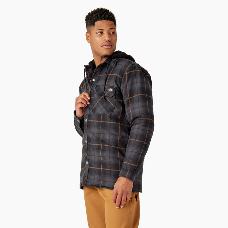 Water Repellent Flannel Hooded Shirt Jacket - Black/Charcoal Ombre Plaid (C1D) image number 3