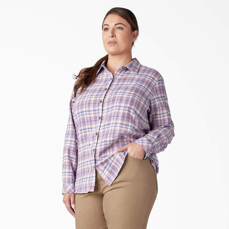 Women's Plus Long Sleeve Plaid Flannel Shirt - Grapeade/Orchard Plaid (B2J) image number 3