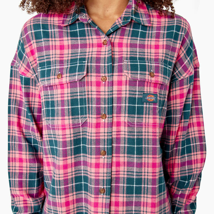 Women's Long Sleeve Flannel Shirt - Rosebud Dark Teal Plaid (UPT) image number 8