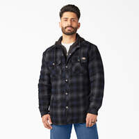 Water Repellent Flannel Hooded Shirt Jacket - Black Ink Navy Ombre Plaid (B2P)