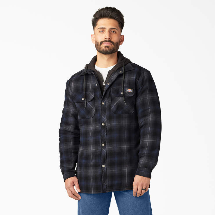 Water Repellent Flannel Hooded Shirt Jacket - Black Ink Navy Ombre Plaid (B2P) image number 1
