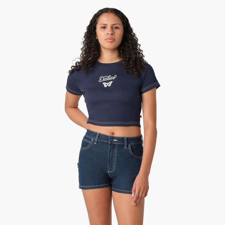 Women's Butterfly Graphic Cropped Baby T-Shirt - Ink Navy (IK) image number 1
