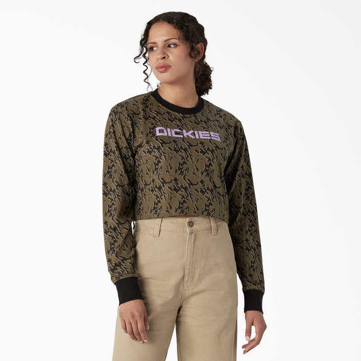 Women's Camo Long Sleeve Cropped T-Shirt - Military Green Glitch Camo (MPE) image number 1