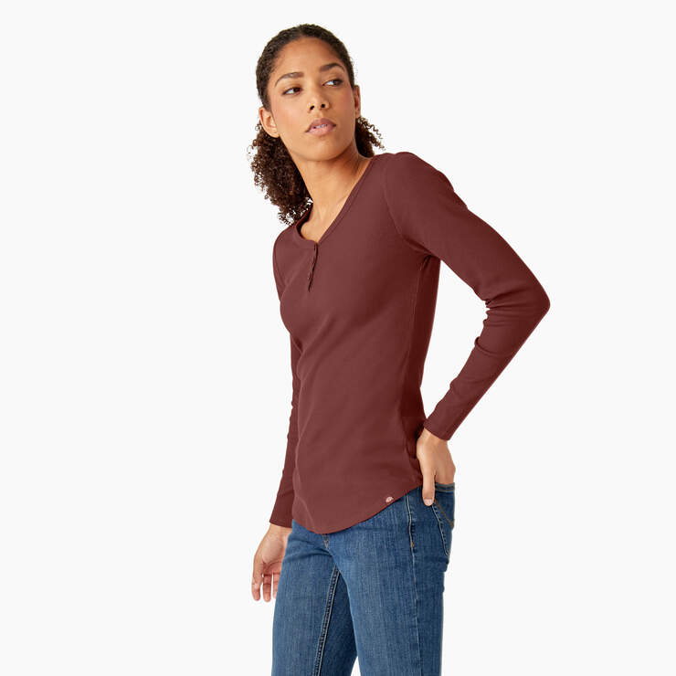 Women's Henley Long Sleeve Shirt - Fired Brick (IK9) image number 3