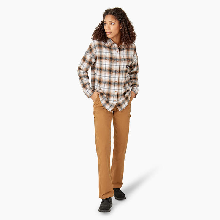 Women's Long Sleeve Flannel Shirt - Brown Duck/Black Ombre Plaid (WPB) image number 5