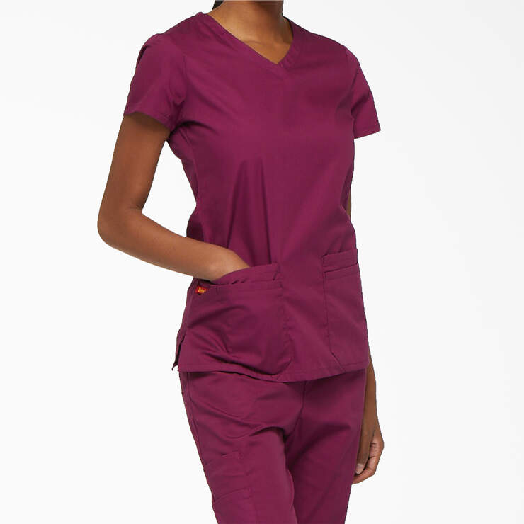 Women's EDS Signature V-Neck Scrub Top with Pen Slot - Wine (WIN) image number 4