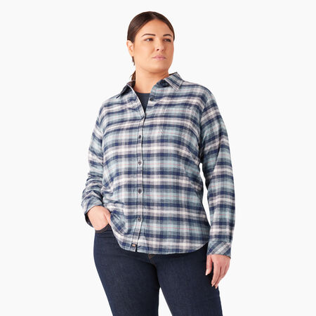 Women&#39;s Plus Long Sleeve Plaid Flannel Shirt - Clear Blue/Navy Ombre Plaid &#40;C1F&#41;