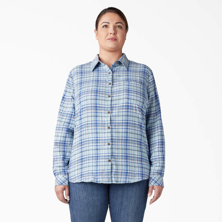 Women's Plus Long Sleeve Plaid Flannel Shirt - Clear Blue/Orchard Plaid (B2Y) image number 1