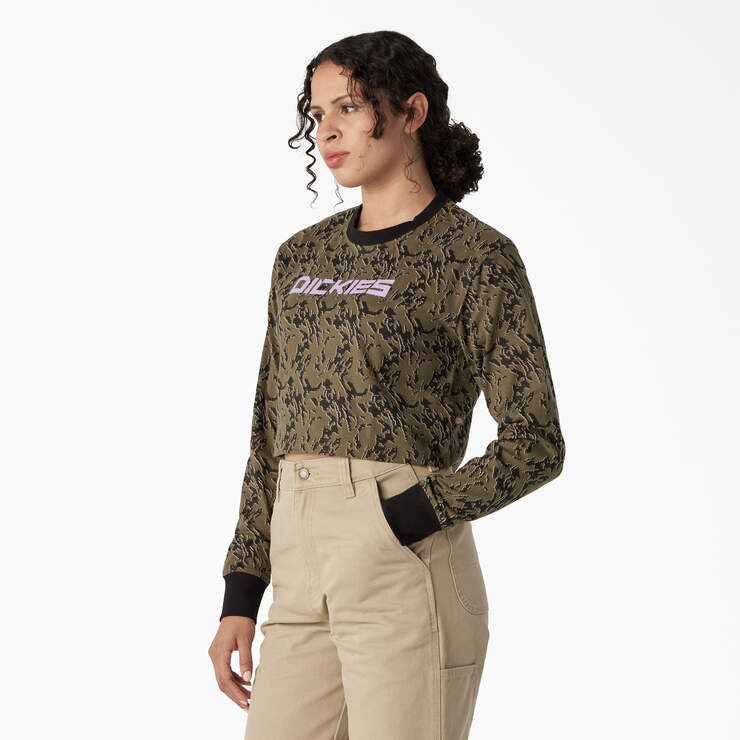 Women's Camo Long Sleeve Cropped T-Shirt - Military Green Glitch Camo (MPE) image number 3