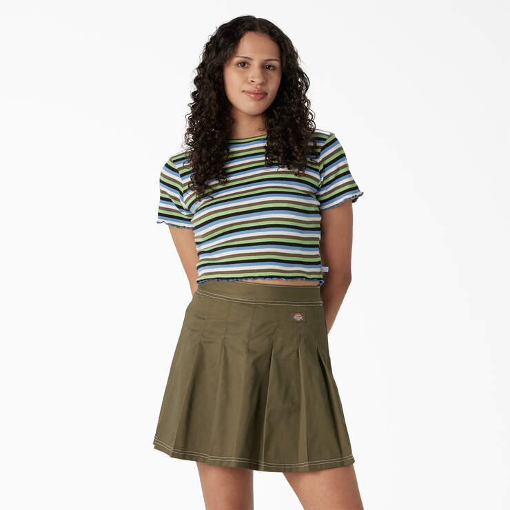 Women's Striped Cropped Baby T-Shirt - Mint/Military Explorer Stripe (NTS) image number 1