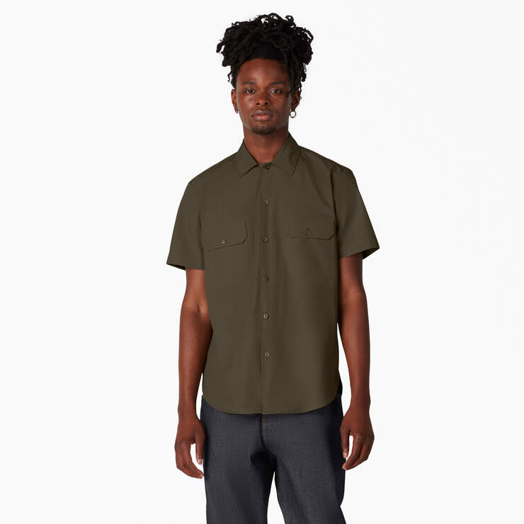 Dickies 1922 Short Sleeve Work Shirt - Rinsed Olive Green (ROG) image number 1