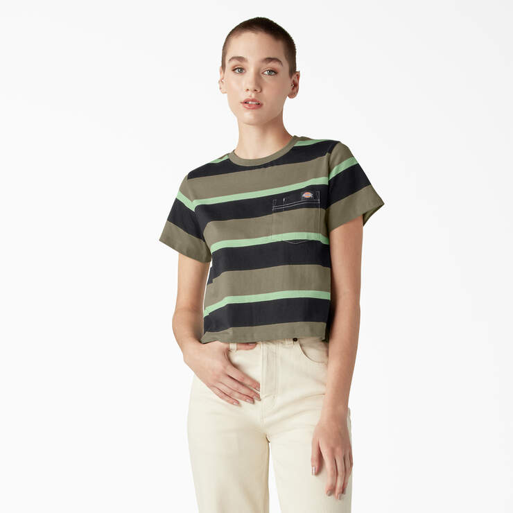 Women's Large Striped Cropped Pocket T-Shirt - Imperial Green Stripe (PGS) image number 1