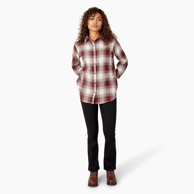 Women's Plaid Flannel Long Sleeve Shirt - Fired Brick Ombre Plaid (C1X) image number 5
