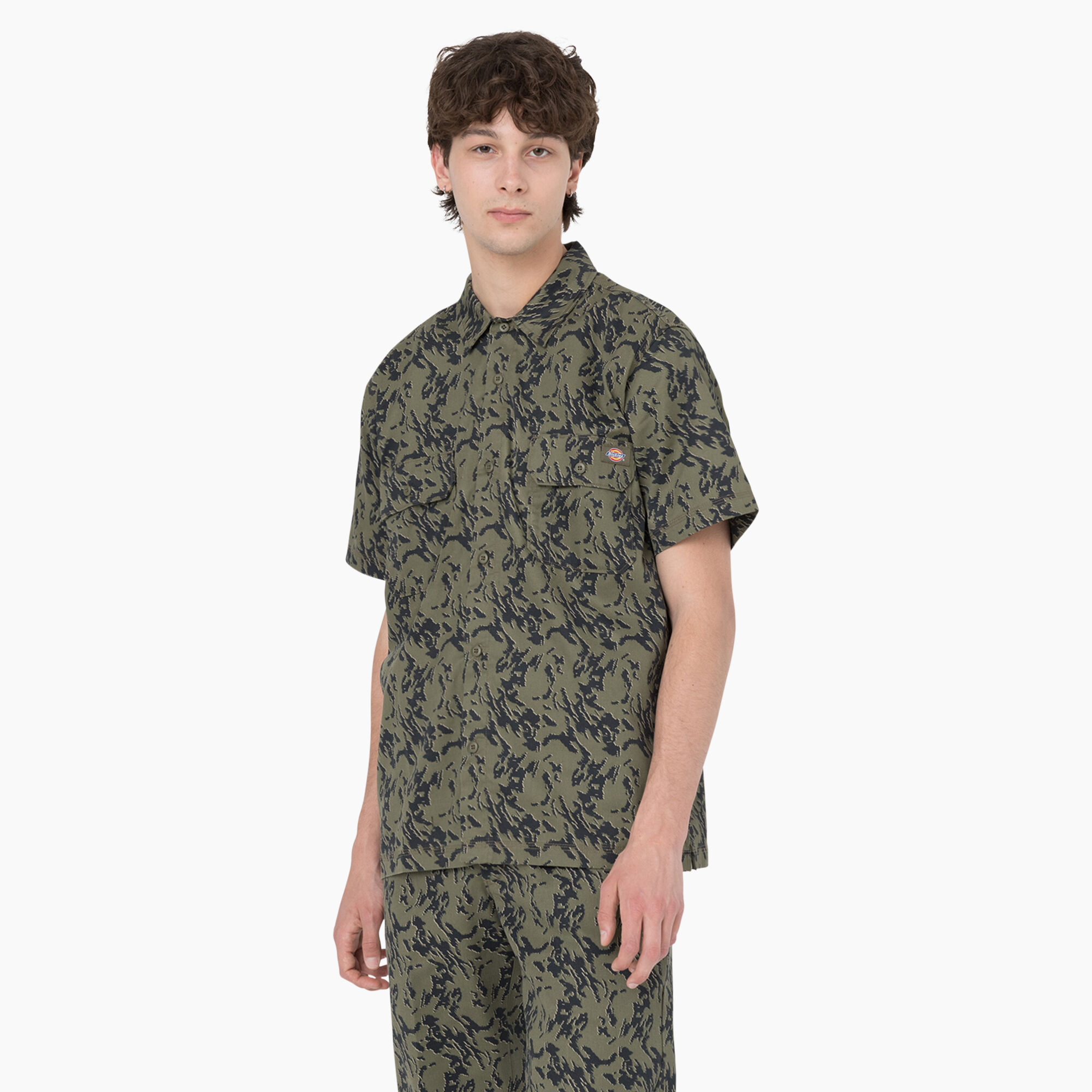 Dickies Drewsey Camo Print Short Sleeve Button-Up Work Shirt Green