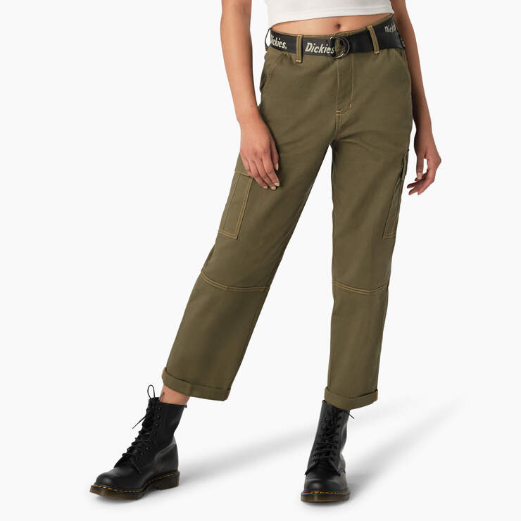 Women's Relaxed Fit Contrast Stitch Cropped Cargo Pants - Military Green (ML) image number 1
