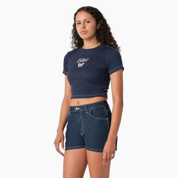 Women's Butterfly Graphic Cropped Baby T-Shirt - Ink Navy (IK) image number 3