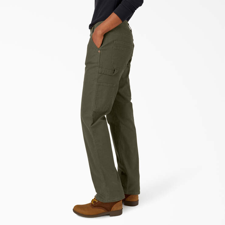 Women's FLEX Relaxed Straight Fit Duck Carpenter Pants - Rinsed Moss Green (RMS) image number 3