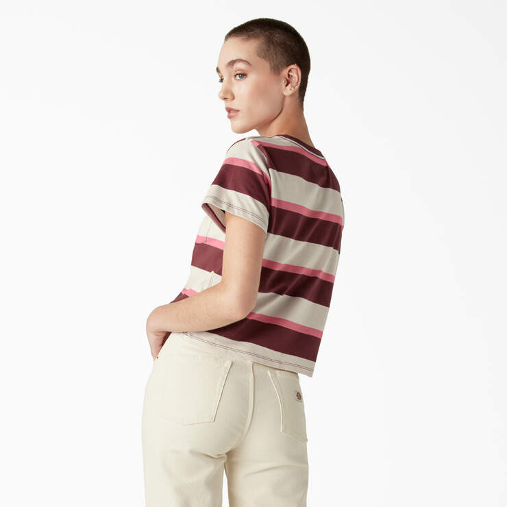 Women's Large Striped Cropped Pocket T-Shirt - Pink/Navy Collegiate Stripe (NSV) image number 2