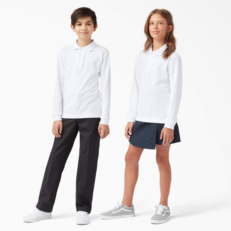 Kids' Piqué Long Sleeve Polo, 4-20 - White (WH) image number 3