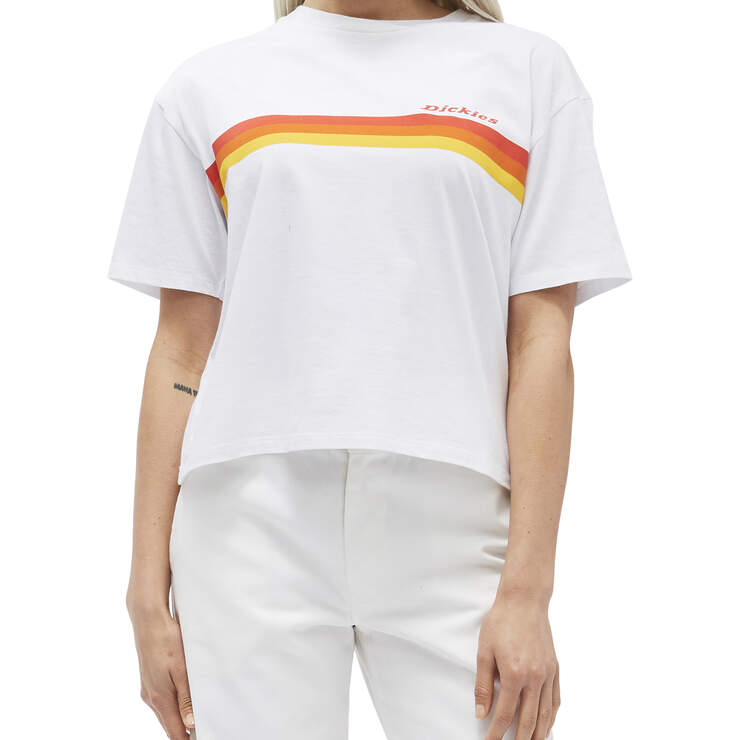 Dickies Girl Juniors' Tomboy Rainbow Chest Striped Short Sleeve T-Shirt - White (WHT) image number 1