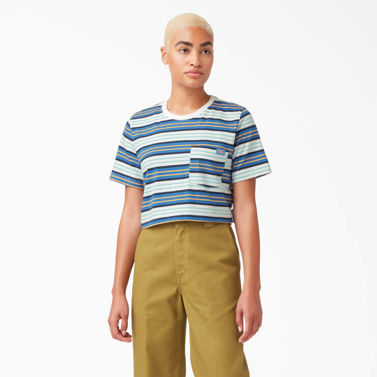 Women's Striped Cropped Pocket T-Shirt - Cobalt Stripe (C2S) image number 1