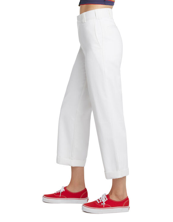 Dickies Girl Juniors&#39; Roll Hem 26&quot; High Rise Work Cropped Pants - White &#40;WH&#41;