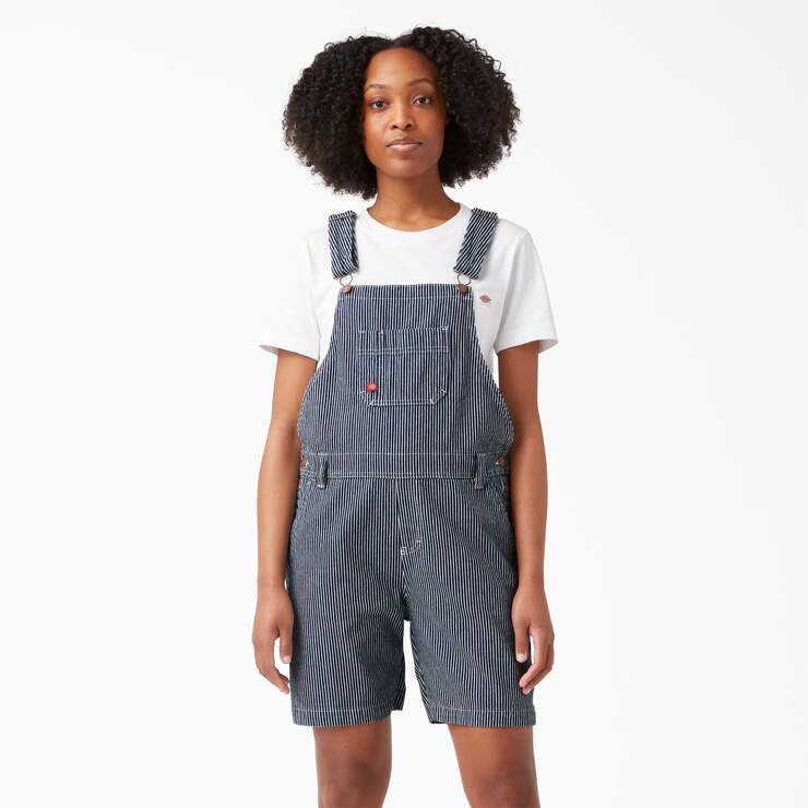 Women's Relaxed Fit Bib Shortalls, 7" - Rinsed Hickory Stripe (RHS) image number 4