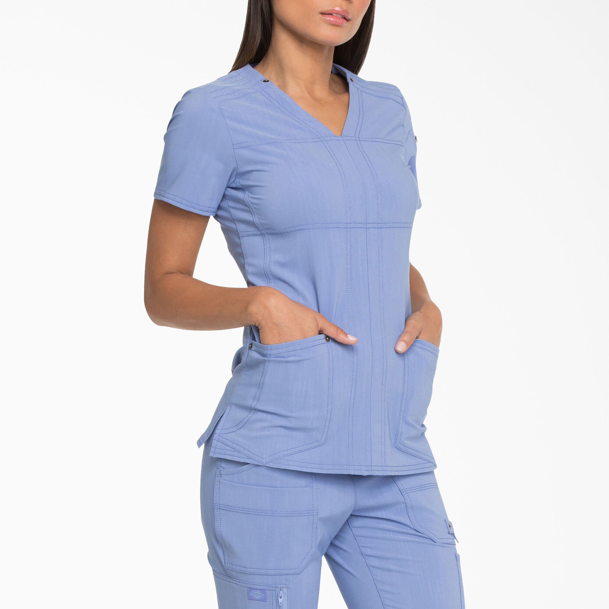 DK732 Dickies Women's Short Sleeve Contemporary Fit V-Neck Pocket Scrub Top 