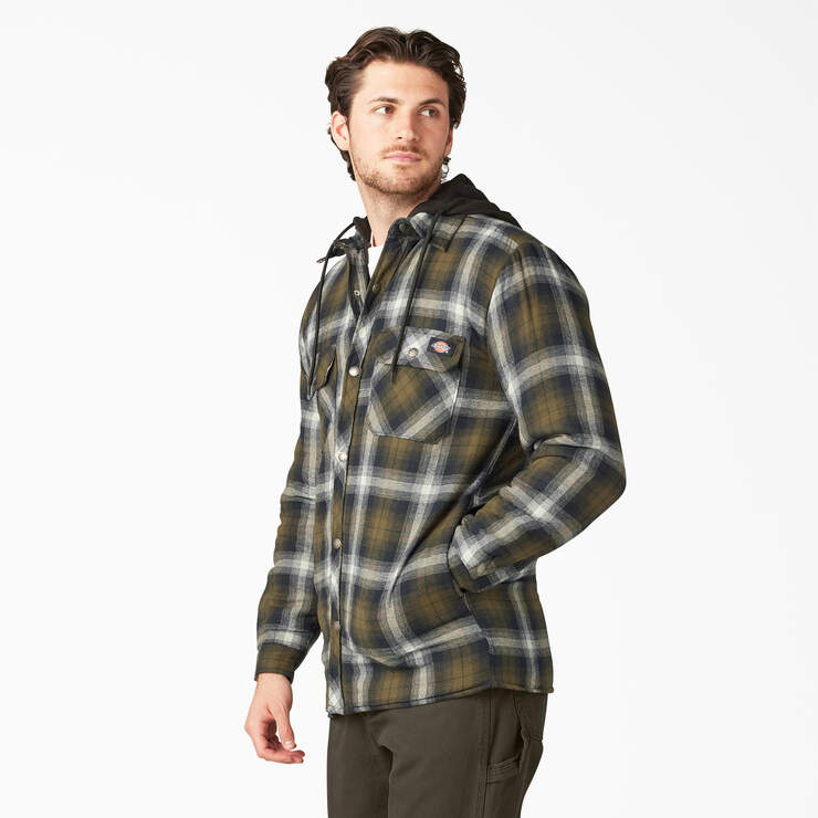 Water Repellent Flannel Hooded Shirt Jacket - Dark Olive/Black Plaid (A2A) image number 3