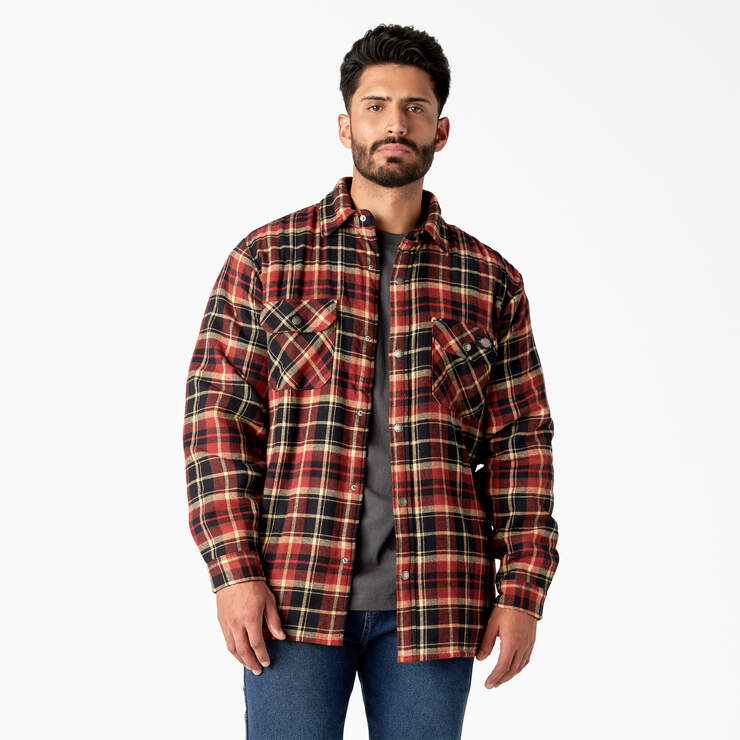 Water Repellent Fleece-Lined Flannel Shirt Jacket - Brick/Black Plaid (B2F) image number 1