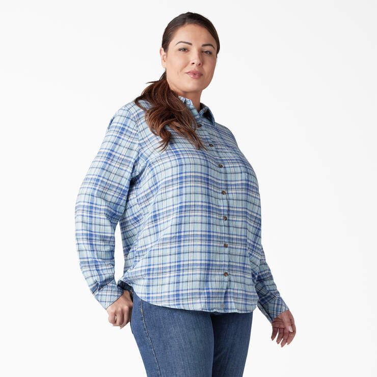 Women's Plus Long Sleeve Plaid Flannel Shirt - Clear Blue/Orchard Plaid (B2Y) image number 4
