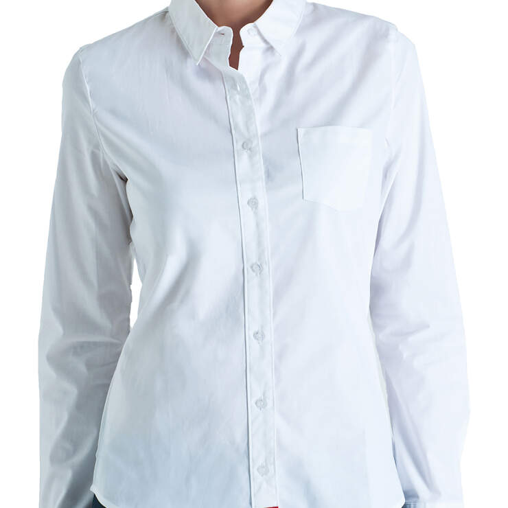 Dickies Girl Juniors' Poplin Long Sleeve Button Down Shirt - White (WHT) image number 1