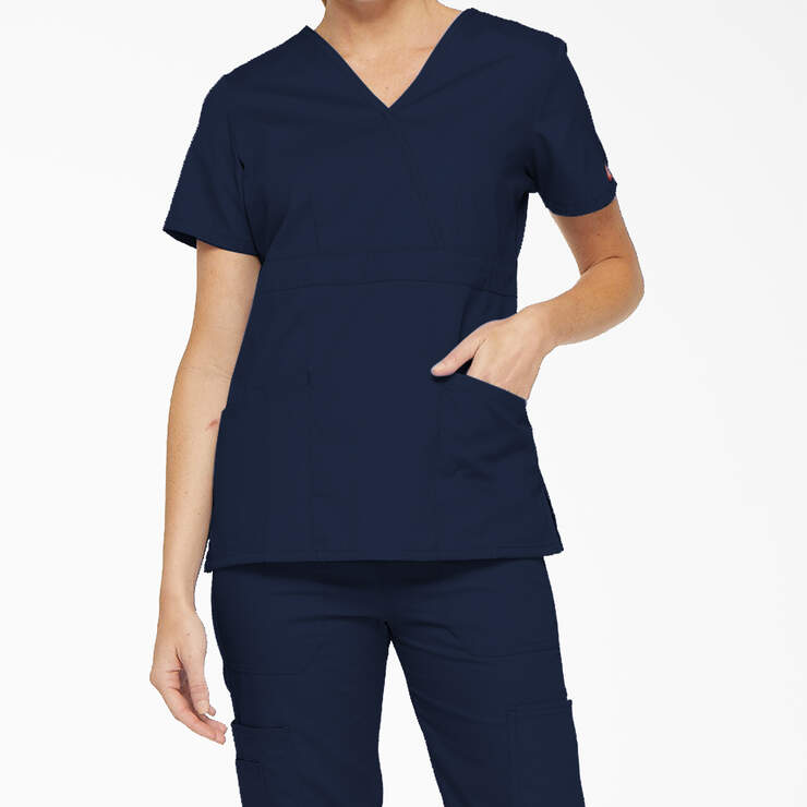 Women's EDS Signature Mock Wrap Scrub Top - Navy Blue (NVY) image number 1