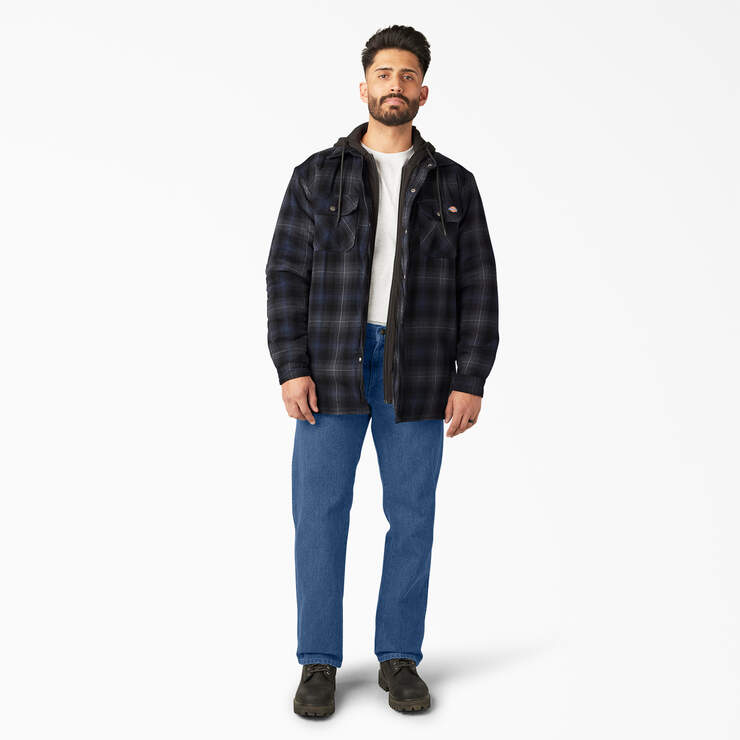 Water Repellent Flannel Hooded Shirt Jacket - Black Ink Navy Ombre Plaid (B2P) image number 4