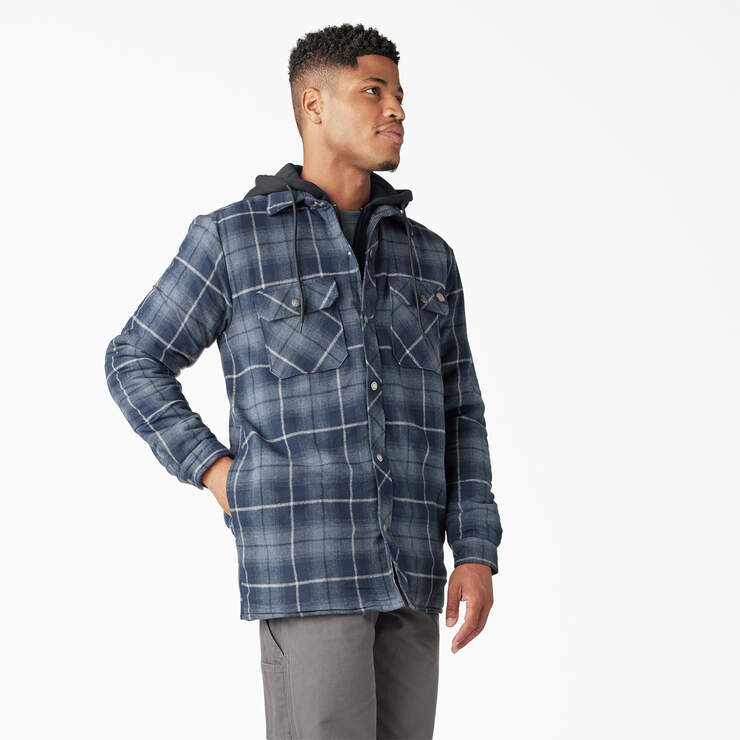 Water Repellent Flannel Hooded Shirt Jacket - Navy Storm Ombre Plaid (C1H) image number 8