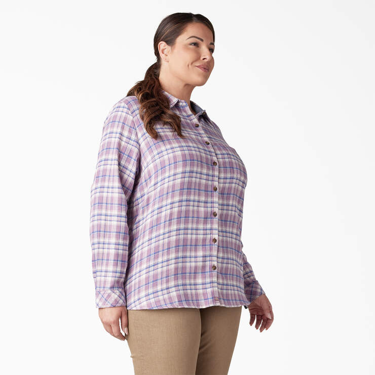 Women's Plus Long Sleeve Plaid Flannel Shirt - Grapeade/Orchard Plaid (B2J) image number 4