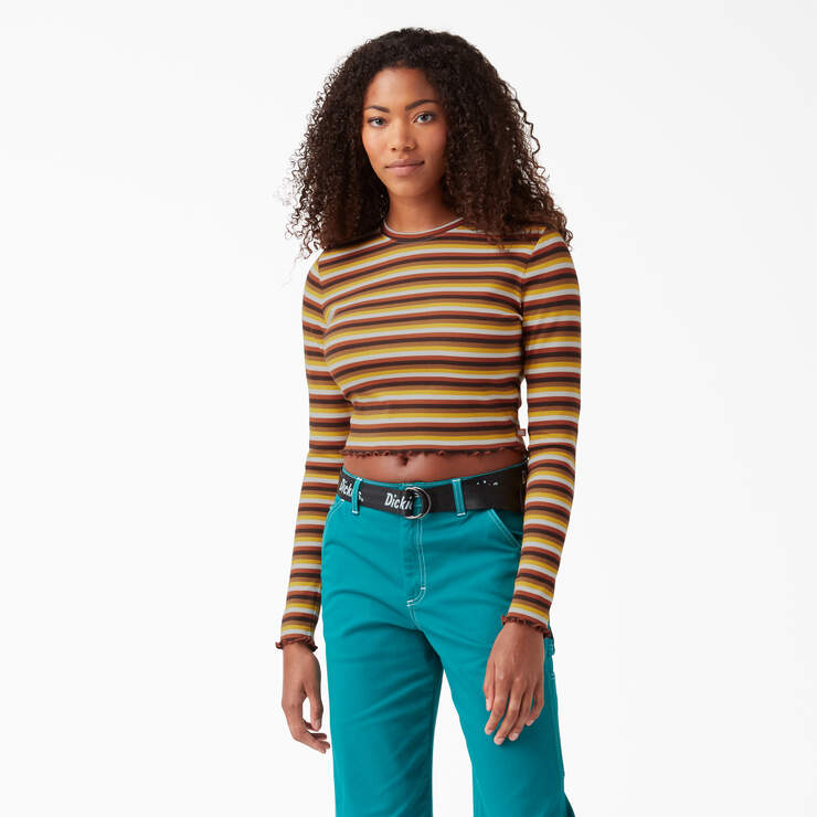Women's Striped Long Sleeve Cropped T-Shirt - Ginger Honey Baby Stripe (GSN) image number 1