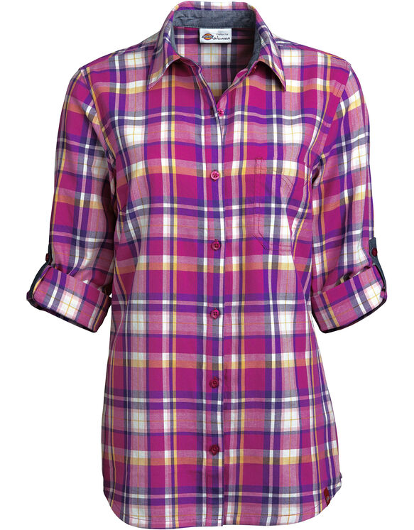 Womens' Quarter Sleeve Roll-up Plaid Shirt (Plus) - PLAID VELVET PUNCH/PETUNIA (PVT)
