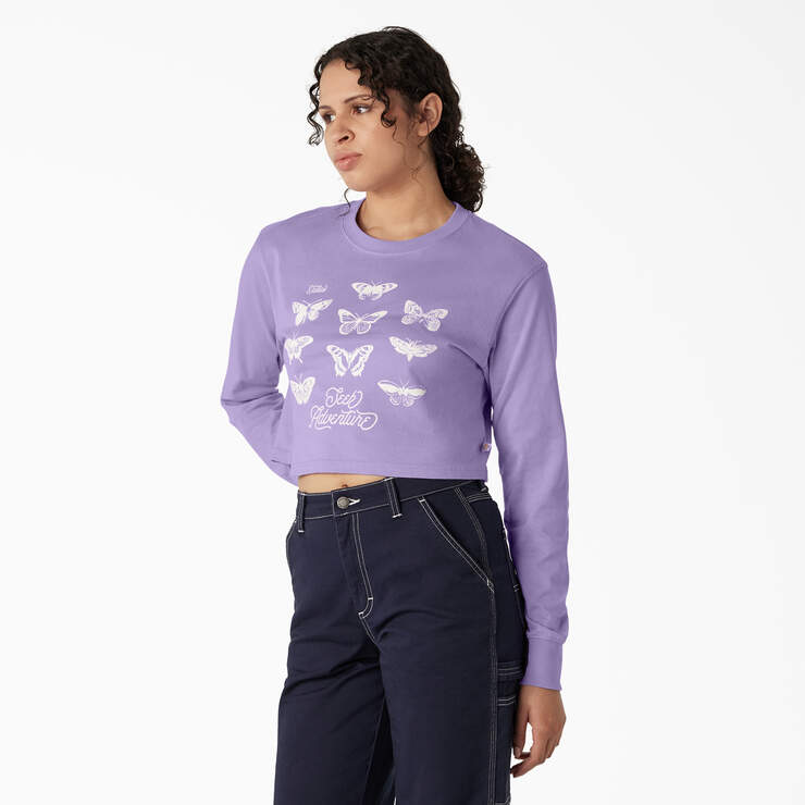 Women's Butterfly Graphic Long Sleeve Cropped T-Shirt - Purple Rose (UR2) image number 3