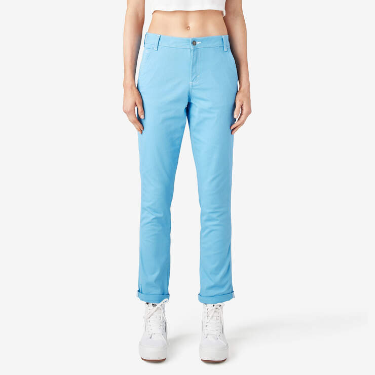 Women's Slim Straight Fit Roll Hem Carpenter Pants - Azure Blue (AB2) image number 1