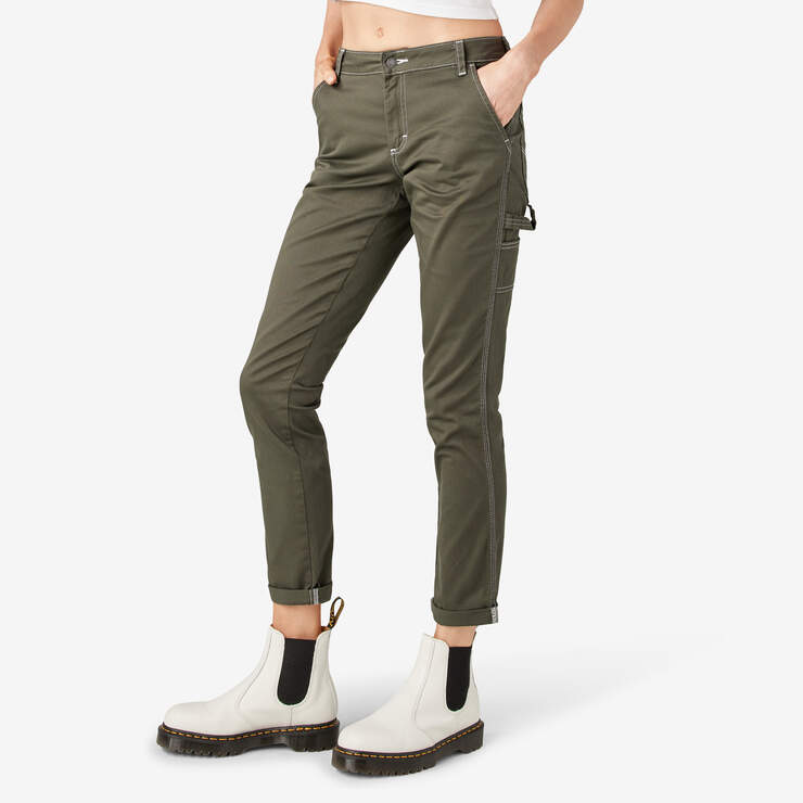 Women's Slim Straight Fit Roll Hem Carpenter Pants - Olive Green (OG) image number 3