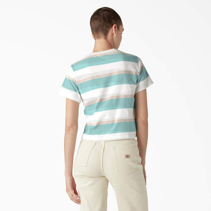 Women's Large Striped Cropped Pocket T-Shirt - Pastel Turquoise Stripe (SQS) image number 2