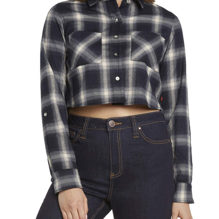 Dickies Girl Juniors' Cropped Plaid Shirt - Navy Blue (NVY) image number 1