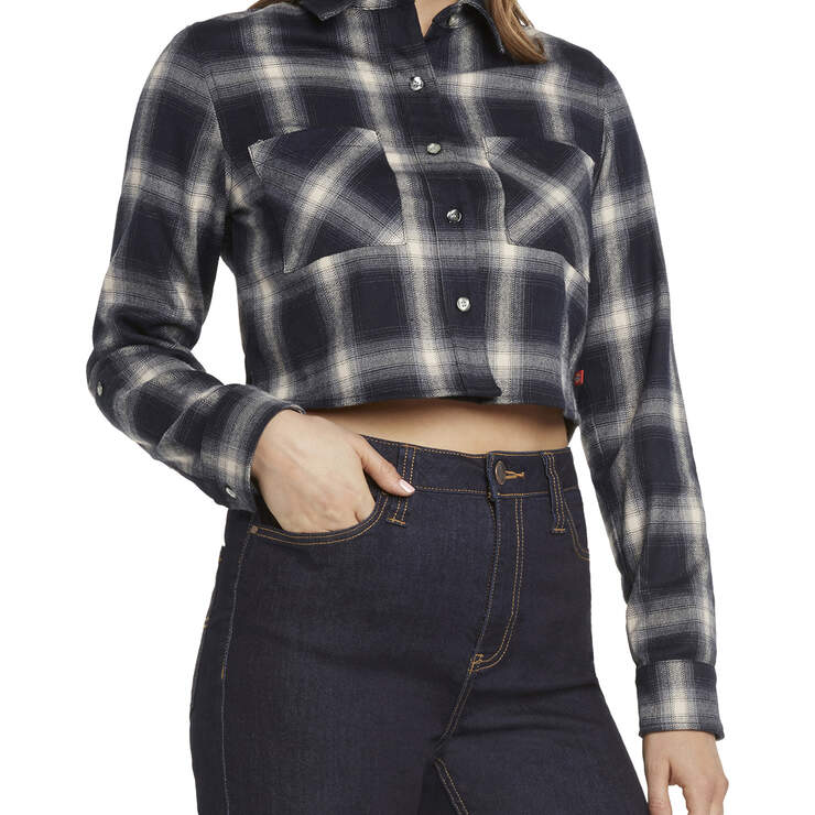 Dickies Girl Juniors' Cropped Plaid Shirt - Navy Blue (NVY) image number 3