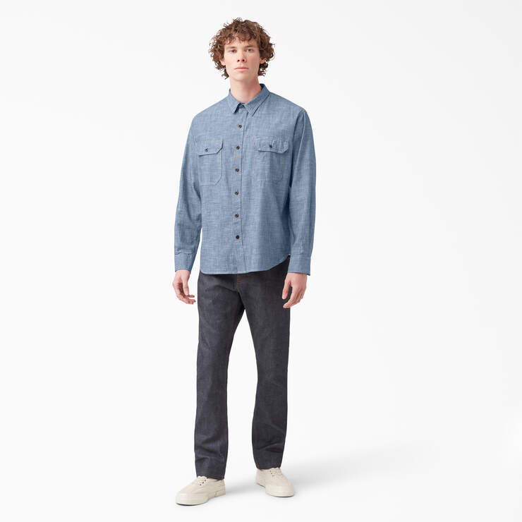 Dickies 1922 Long Sleeve Work Shirt - Rinsed Blue Chambray (RBLC) image number 4