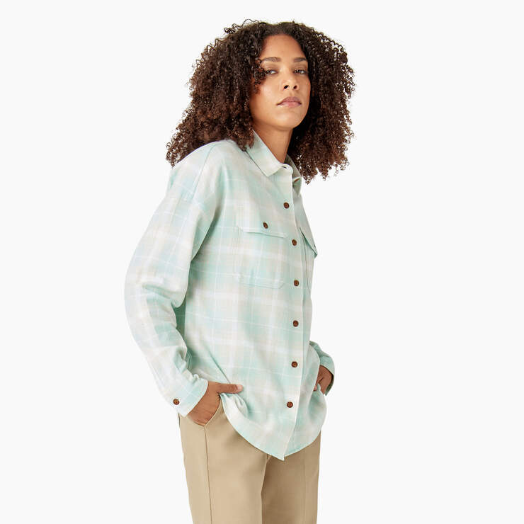 Women's Long Sleeve Flannel Shirt - Soft Gray Turquoise Plaid (QPT) image number 4