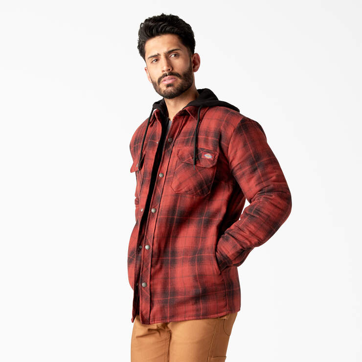 Water Repellent Flannel Hooded Shirt Jacket - Brick/Black Ombre Plaid (B2W) image number 3