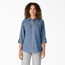 Women&rsquo;s Long Sleeve Chambray Roll-Tab Work Shirt - Stonewashed Light Blue &#40;LSW&#41;